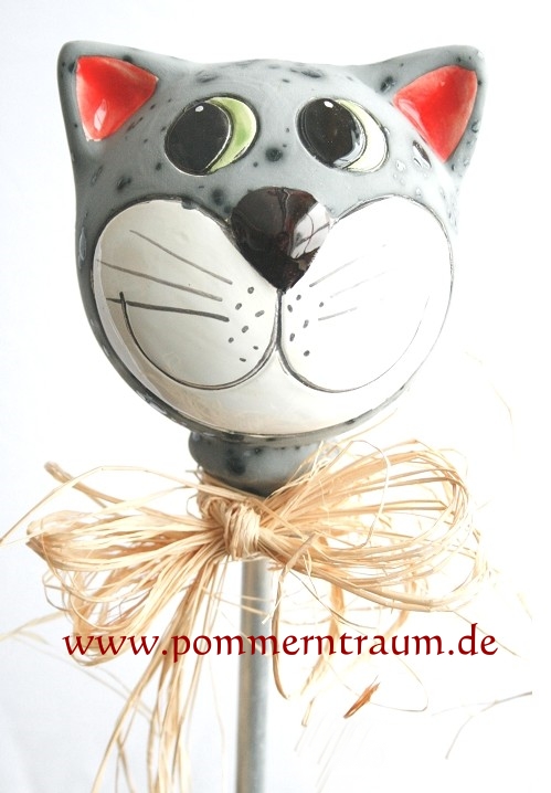 Gartenstecker Keramik Katzenkopf GRAU