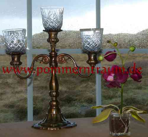 3-armiger Kerzenleuchter mit Glasaufsätzen Römerglas-Schliff