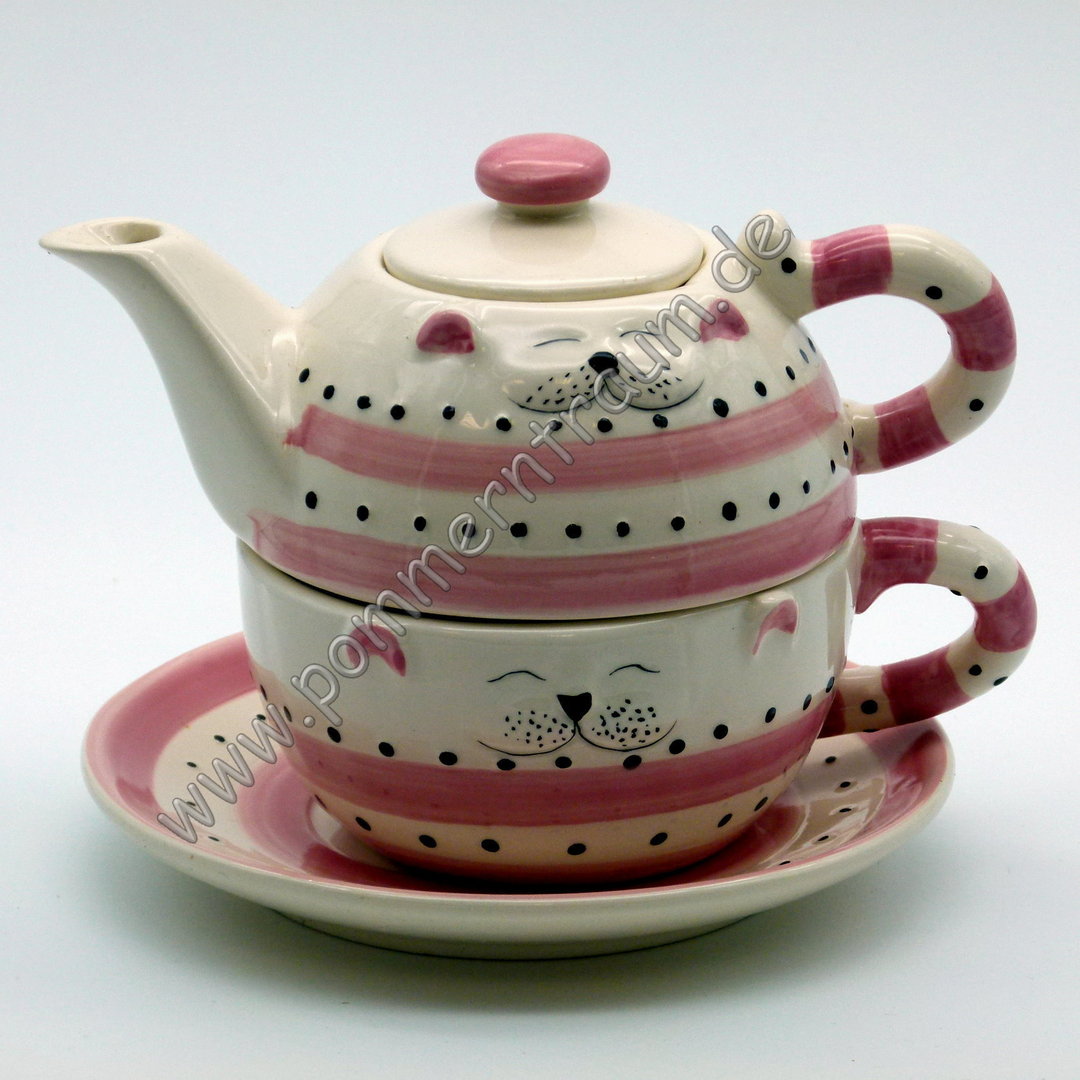 fröhliches Designer Tea-for-one-Set | Tee-Kanne + Tee-Tasse | Katze in rosé