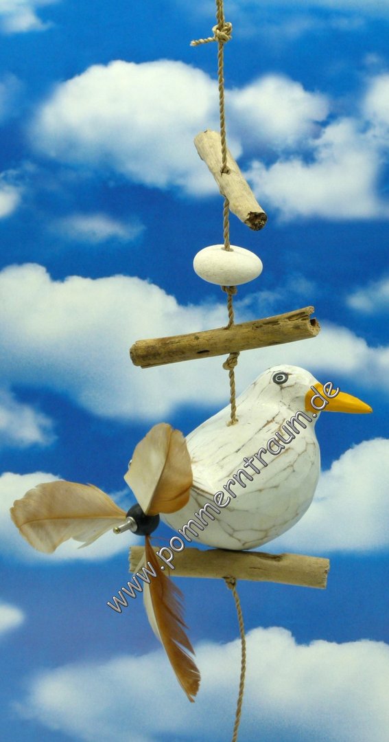 Windspiel Hänger Maritim Möwe mit Propeller Federn Treibholz Flattervögel 40 cm