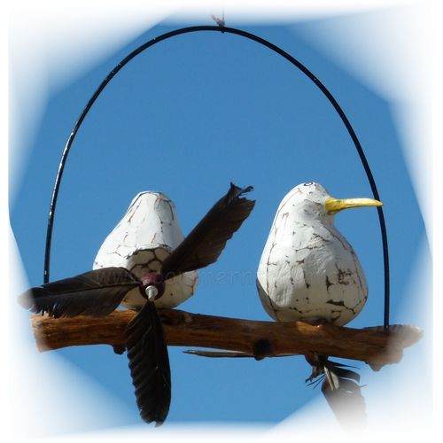 Windspiel maritim - Mobile ❤ 2 Flatter-Möwen ❤ 2 Flatter-Vögel ❤ mit Federn auf Ast