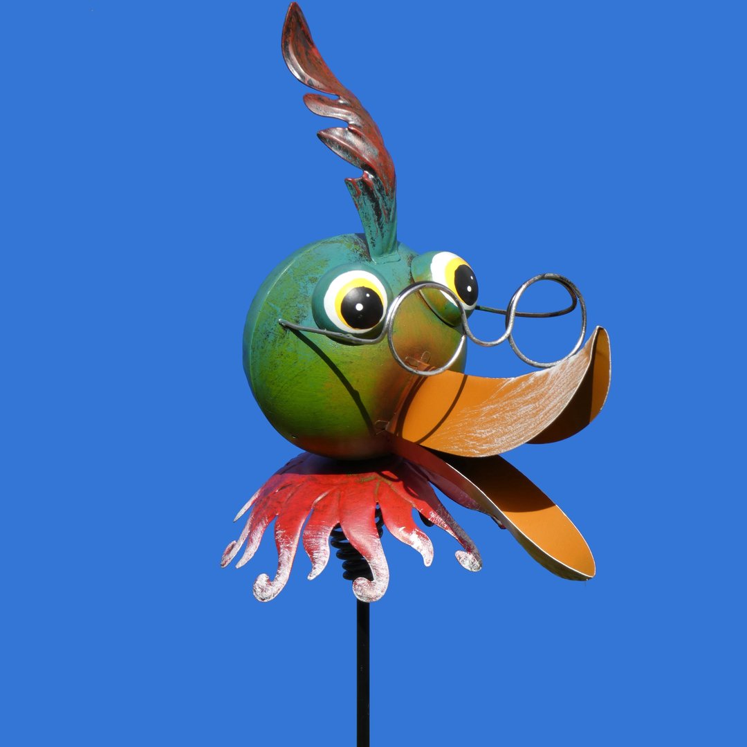 Gartenstecker Gartendekoration Gartenkunst aus Metall ❤ verrückter Vogel mit Brille DUCKI ❤
